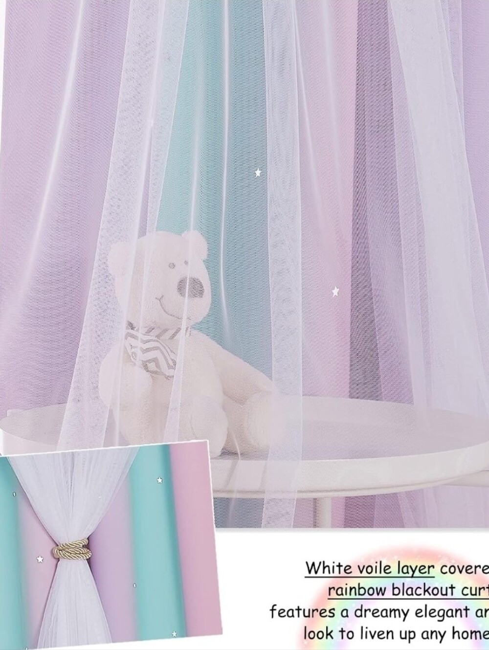 Pastel Rainbow Blackout Curtain with Star Cutouts, Dreamy Kids Room Decor - Picture 2 of 6